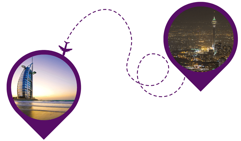 تصویر نمایی از تهران و نمایی از دبی وو خط هوایی با نماد هواپیماا بین این دو عکس